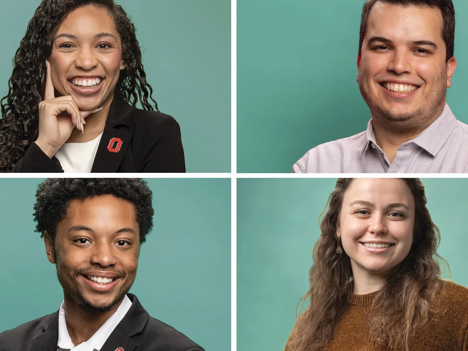 A grid of photos shows four students, all smiling as they pose and look directly into the camera. They seem friendly and smart.