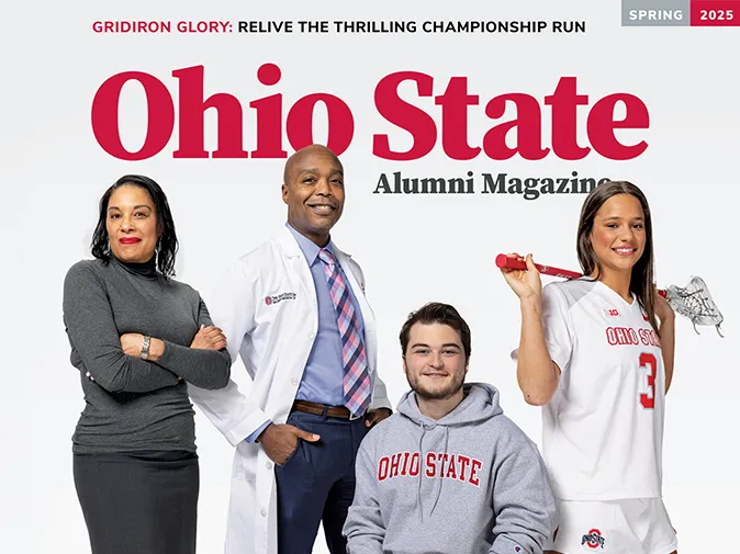 Four smiling members of the Ohio State community pose together, illustrating the big effects of the Time & Change campaign. The headline says “Stronger together.” From left, they are two professors with endowed positions: Ange-Marie Hancock and Dr. Sakima Smith, both are black, and two students with scholarships: Alex Eichner and lacrosse player Annie Hargraves. Both are white.
